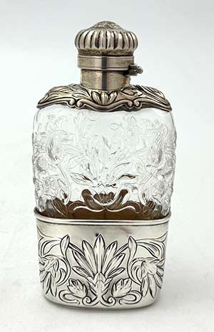Gorham antique glass and sterling silver hip flask